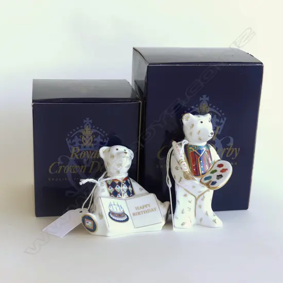 Two  Royal Crown Derby bears  Artist Claude and Happy Birthday